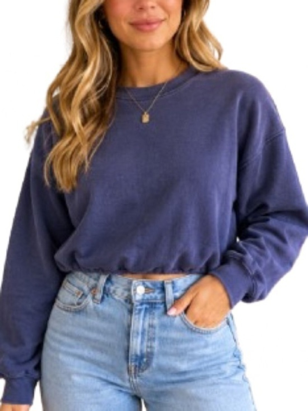 Fabletics Womens Cropped Crewneck Sweatshirt Blue Pullover Athleisure Casual Top